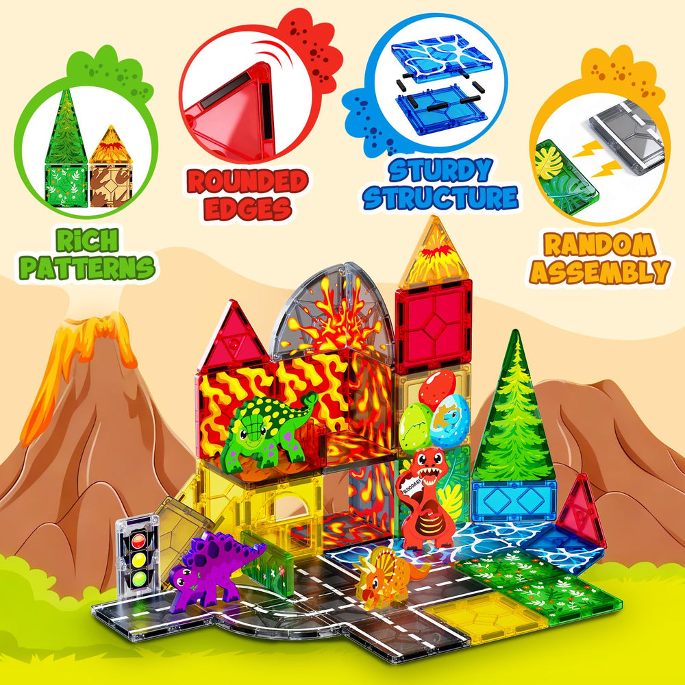 Magnetopia Dinosaur Tiles dinosaur team image promotes cooperative building fun.