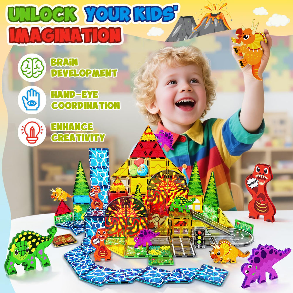 Magnetopia Dinosaur Tiles volcano assembly shows easy setup and creative play.