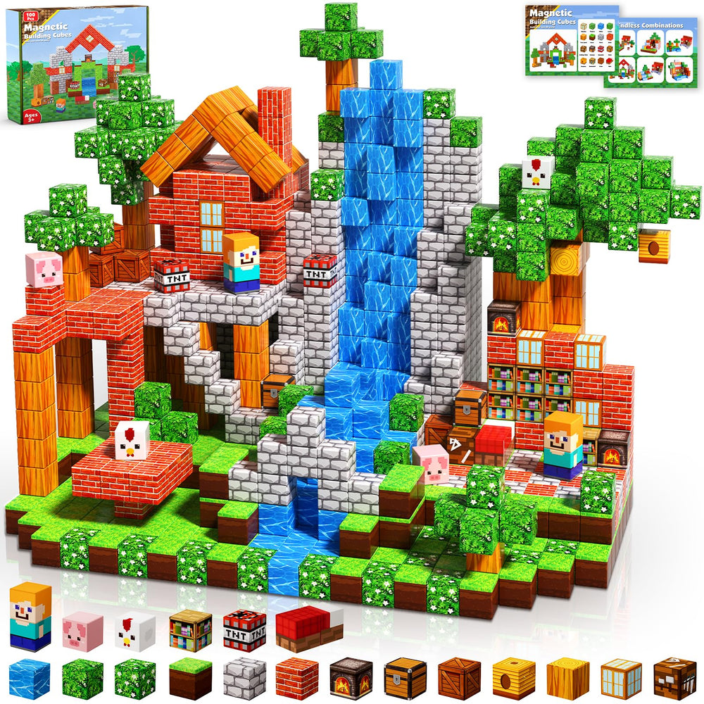 Magnetopia magnetic blocks arranged for a 100-piece setup, showcasing versatile building play and STEM exploration.