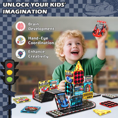 Magnetopia Magnetic Tiles Road Set compatible brands allow easy expansion of tracks.