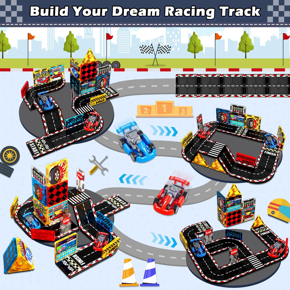 Magnetopia Magnetic Tiles Road Set curved bridge example for expanding race layouts.