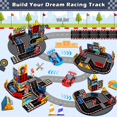 Magnetopia Magnetic Tiles Road Set curved bridge example for expanding race layouts.