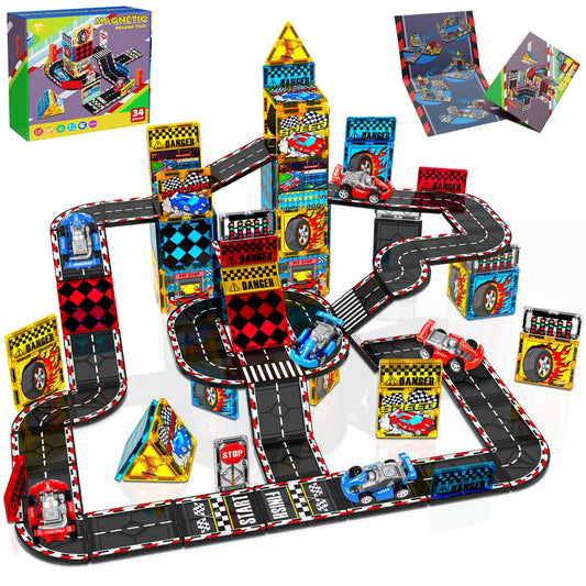 Magnetopia Magnetic Tiles Road Set front view shows a colorful race track ready for play.