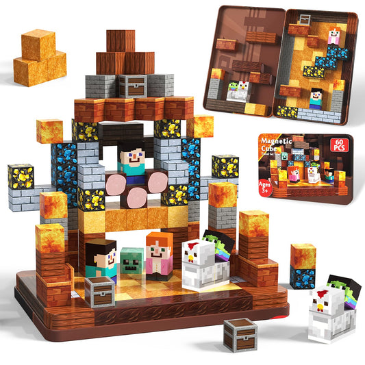 Magnetopia mini blocks in an iron box, ideal for portable travel play.