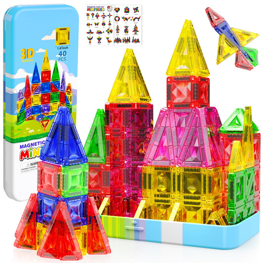 Magnetopia mini diamond tiles arranged to build a castle, inspiring imaginative play.
