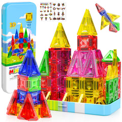 Magnetopia mini diamond tiles arranged to build a castle, inspiring imaginative play.