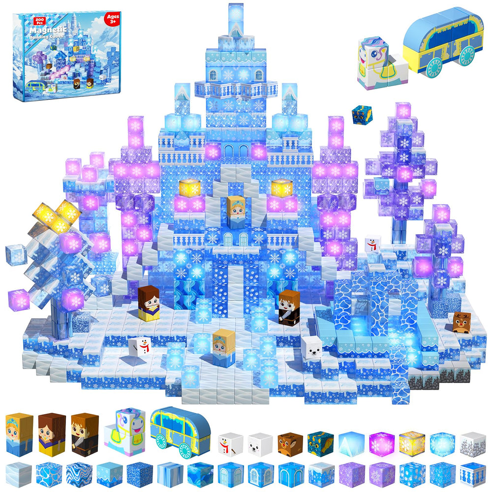 Magneverse 200pcs glowing transparent blocks for imaginative building play.