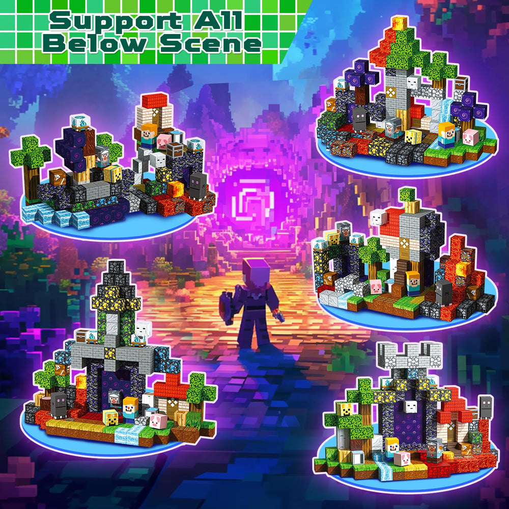 Magneverse forest theme blocks assembled into a tower and bridge.