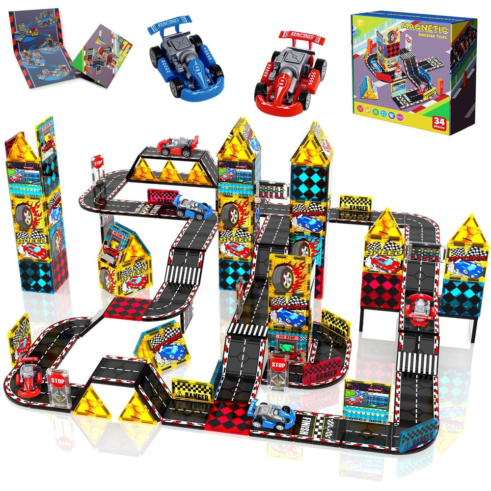 Magneverse Magnetic Tiles Road Set pit stop enables imaginative play and engineering practice