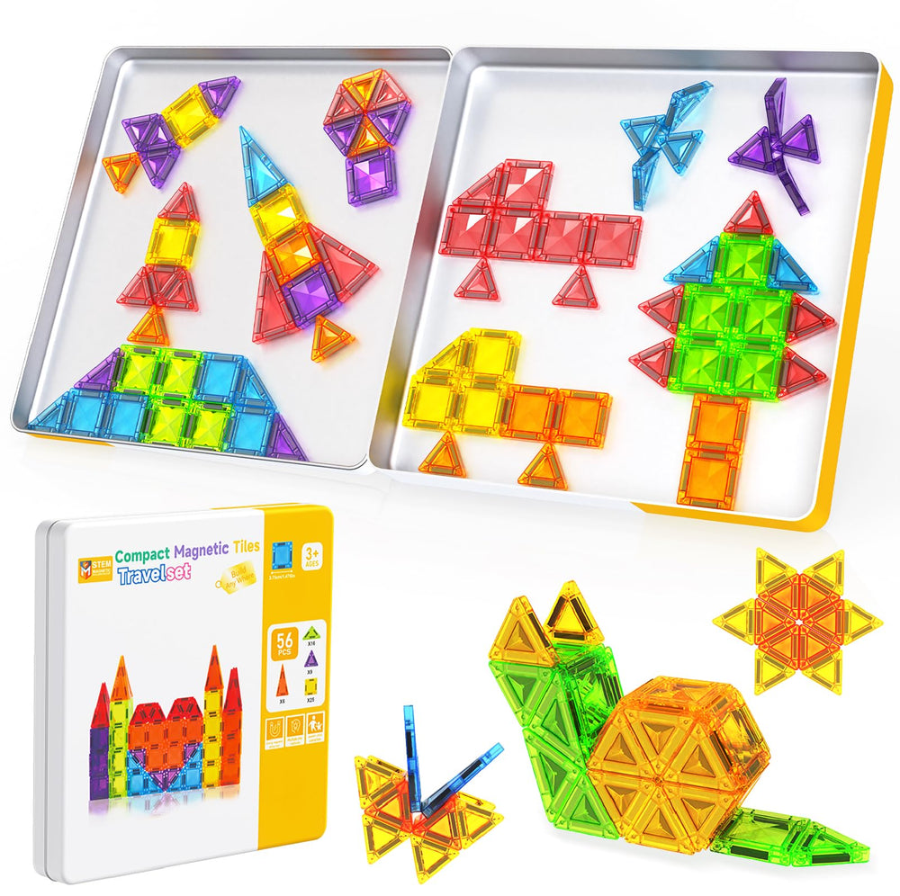 Magneverse Mini Tiles in a tin box for portable STEM play on the go.