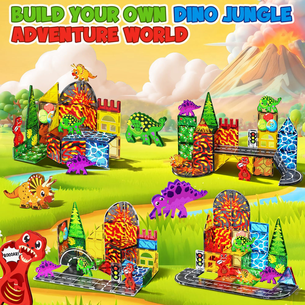 Magneverse volcano lava flow tiles enabling dynamic lava scenes and fine motor practice.