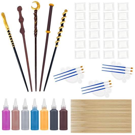 Maikoi Magic Wizard Wand Kit contents show colorful clay and paints for creative wand making.