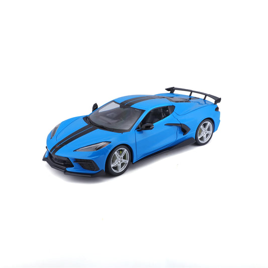 Maisto 1:18 Corvette Stingray Z51 High-Wing blue front view, ideal for display and collection