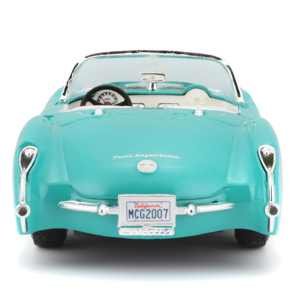 Maisto 1957 Chevrolet Corvette turquoise engine compartment detail for realism.