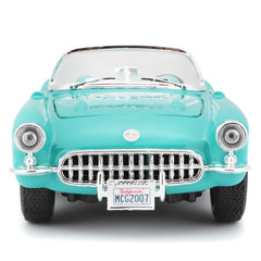 Maisto 1957 Chevrolet Corvette turquoise open doors feature for interactive display.