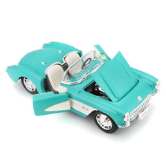 Maisto 1957 Chevrolet Corvette turquoise rear view shows detailed chassis.