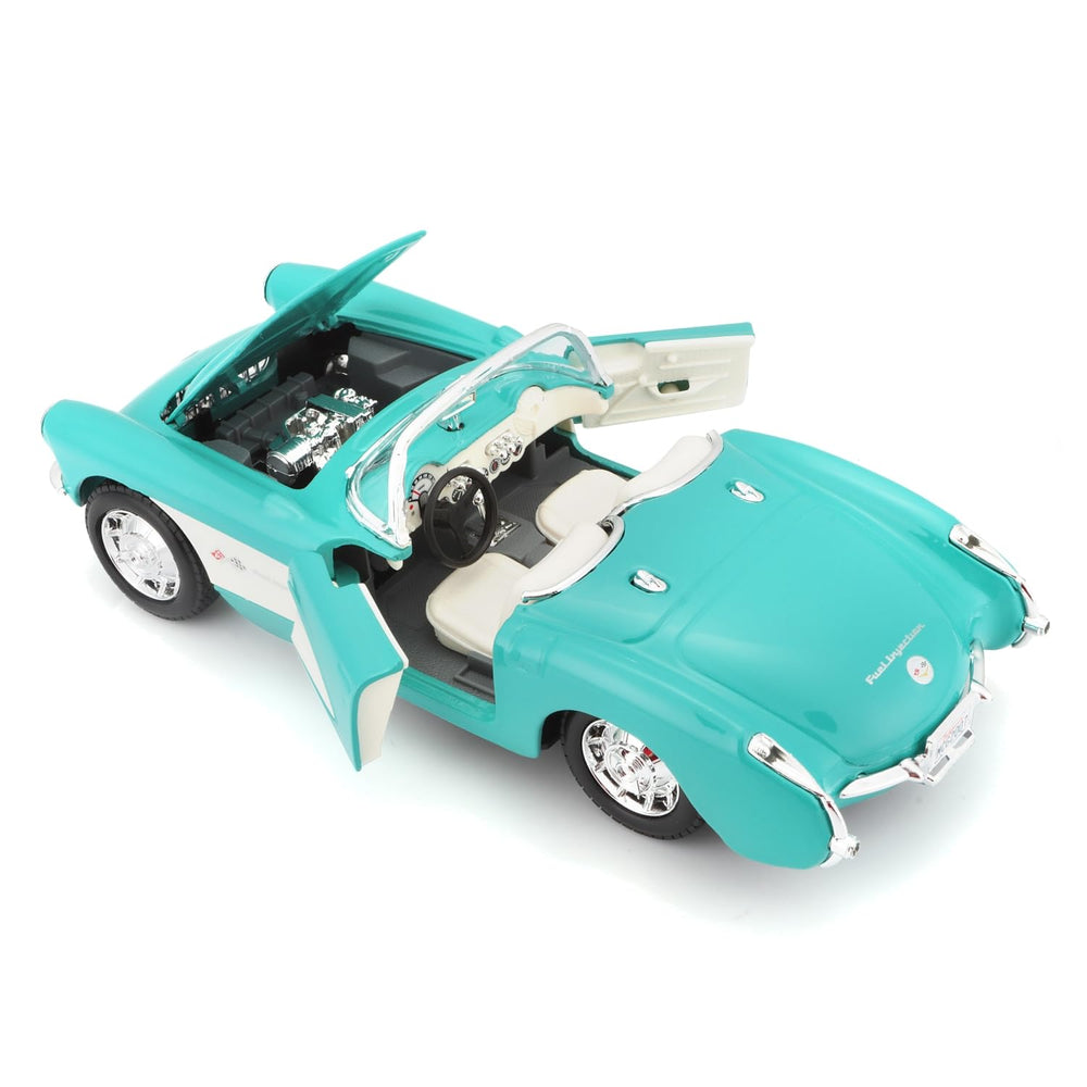 Maisto 1957 Chevrolet Corvette turquoise side profile emphasizes die-cast build.