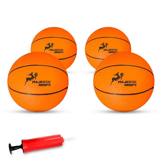 Majestic Hoops 4-pack 5-inch mini basketballs with grip-friendly surface for indoor play.