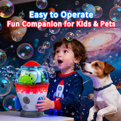 Make Kids Smile Rocket Bubble Machine outdoors with kids and pets enjoying bubbles