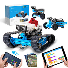 Makeblock mBot Ranger Land Raider on rugged terrain enables outdoor STEM exploration.