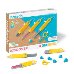 Makedo Discover unpacked box with the 126-piece kit ready for creative play.