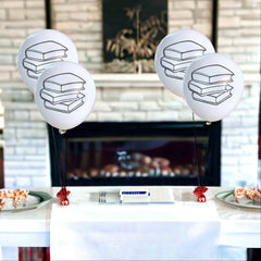 Malayan Products latex book balloons 12-inch ideal for literary event ambiance.
