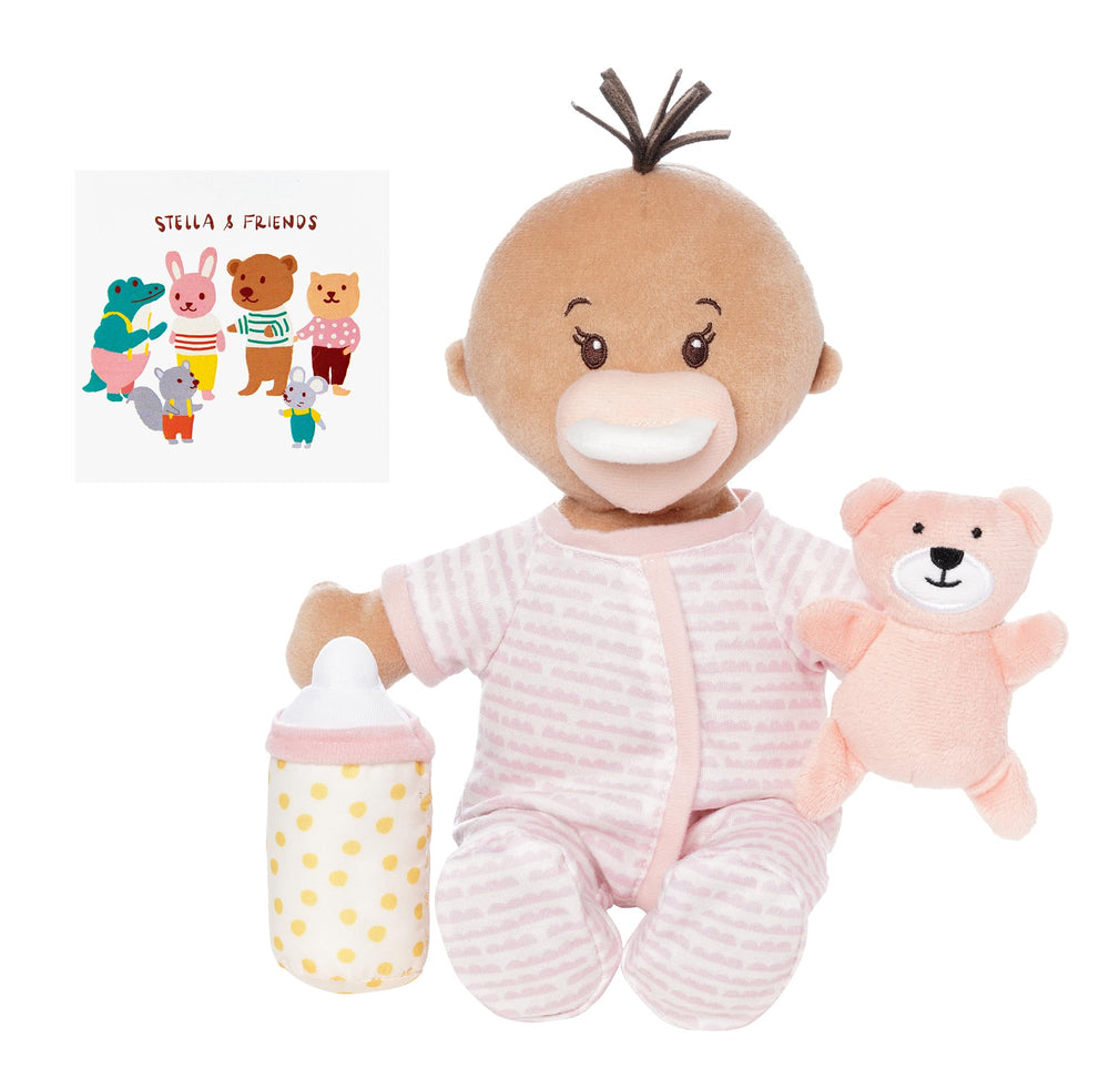 Manhattan Toy Wee Baby Stella striped pajama highlights soft, cuddly bedtime readiness for gentle play.