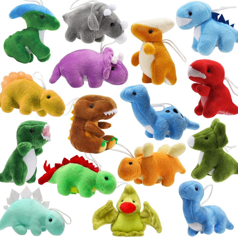 MAPIXO plush dinosaurs 16-pack set for soft, colorful playtime and party favors.