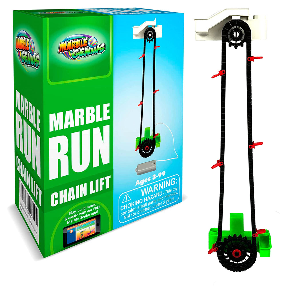 Marble Genius automatic chain lift in action elevating marbles for endless play on intricate tracks