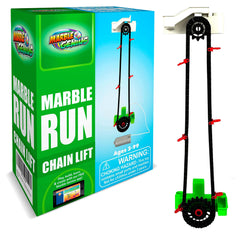 Marble Genius automatic chain lift in action elevating marbles for endless play on intricate tracks