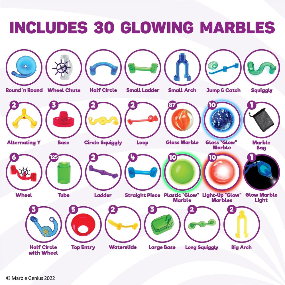 Marble Genius glow marbles provide varied glow effects for play.