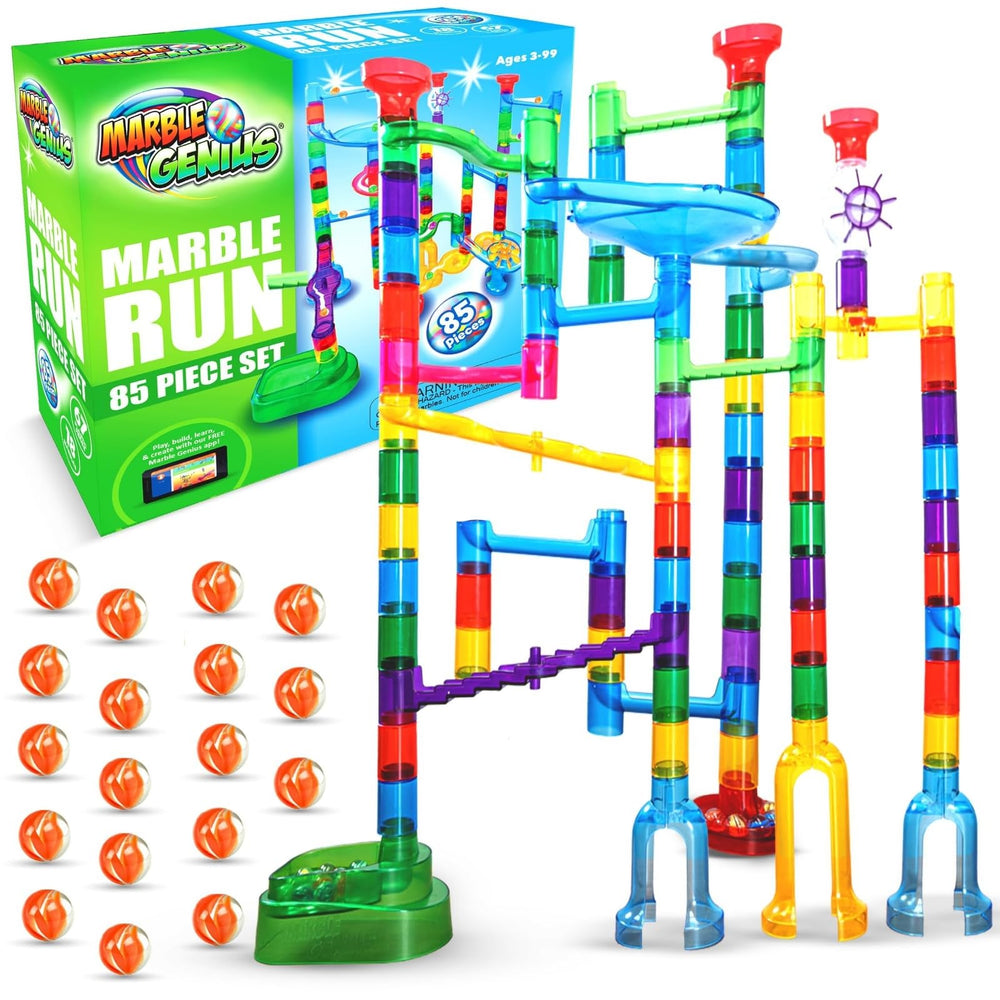 Marble Genius Marble Run Explorer track pieces in vibrant translucent colors for hands-on STEM play.