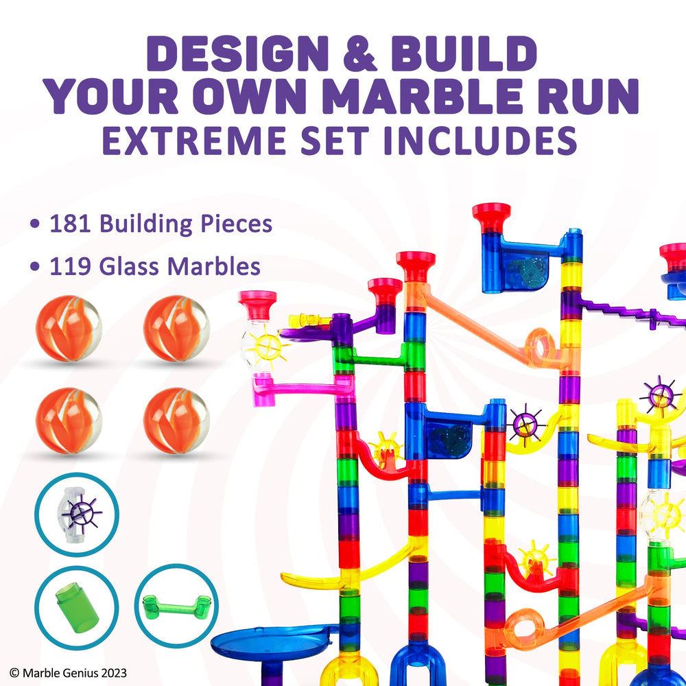Marble Genius Marble Run Extreme Set glass marbles mid-roll for tactile play