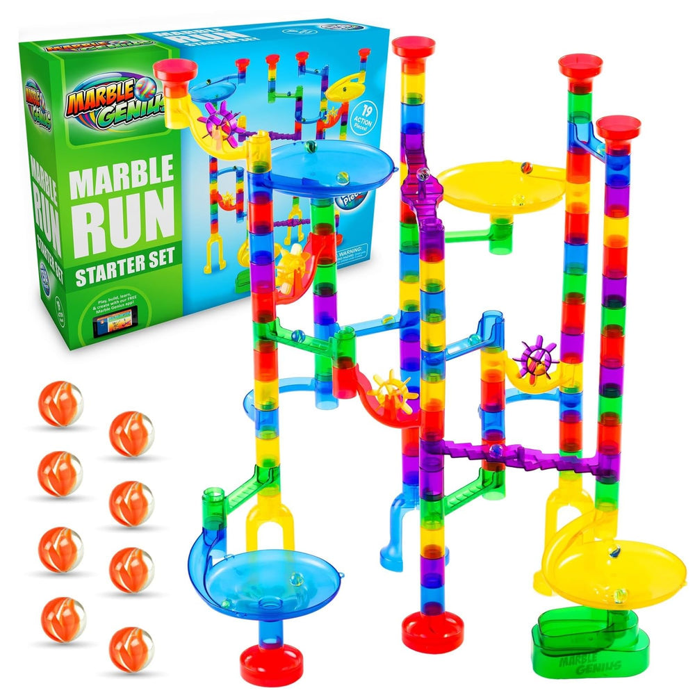 Marble Genius Marble Run Starter Set with 130 track pieces creates colorful pathways.