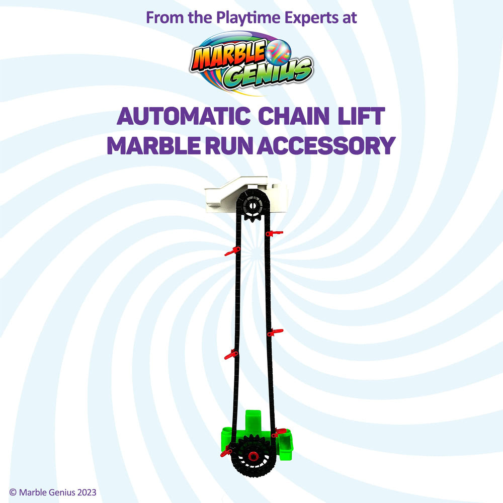 Close view of Marble Genius multi-lift track enabling complex mazes and dynamic marble races