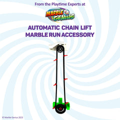 Close view of Marble Genius multi-lift track enabling complex mazes and dynamic marble races
