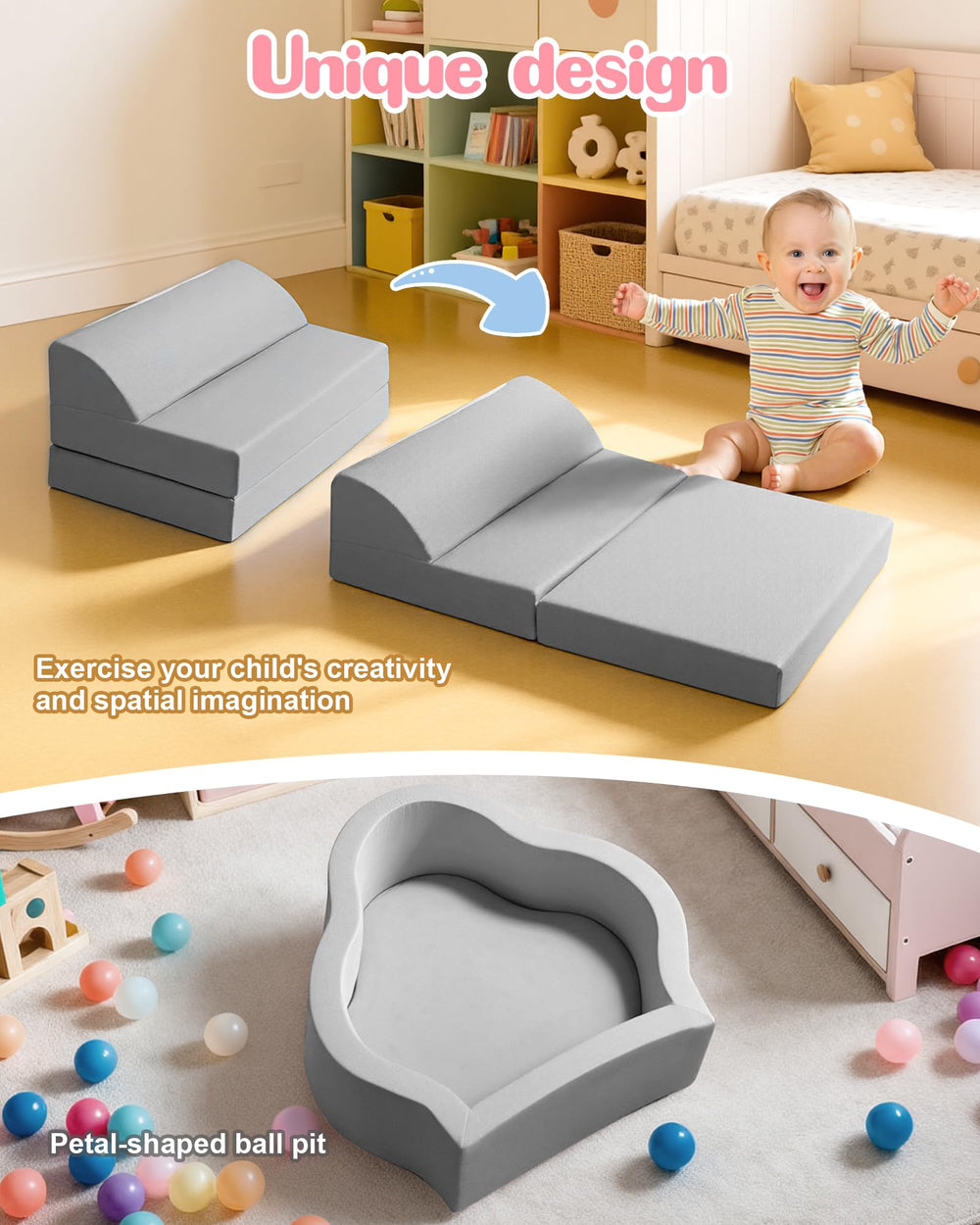 Flower ball pit feature with soft surrounding cushions for sensory play.