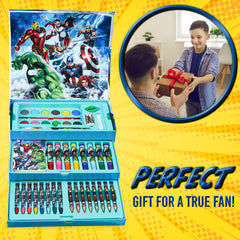 Marvel Art Case for Kids with markers and crayons supports vibrant coloring and learning activities.