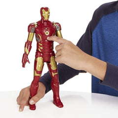 Iron Man figure with glowing arc reactor enhances display and play
