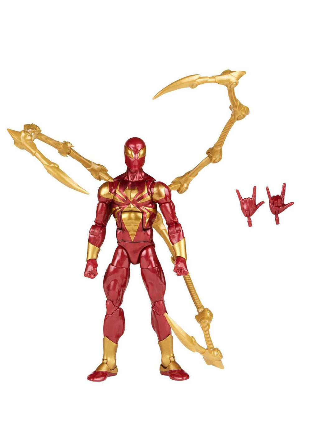 Marvel Legends Iron Spider Stark-designed red-gold deco enhances display.