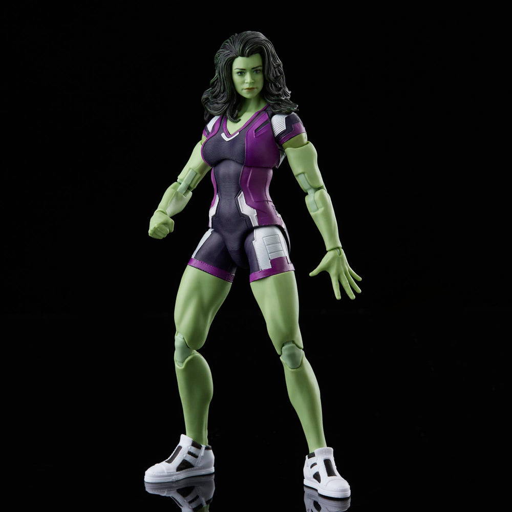 Marvel Legends She-Hulk figure with premium articulation for dynamic poses.