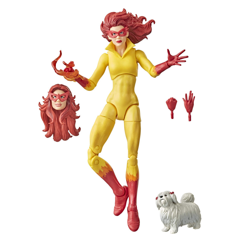 Marvel Legends Firestar figure with Ms. Lion dog for dynamic display in your Marvel collection.