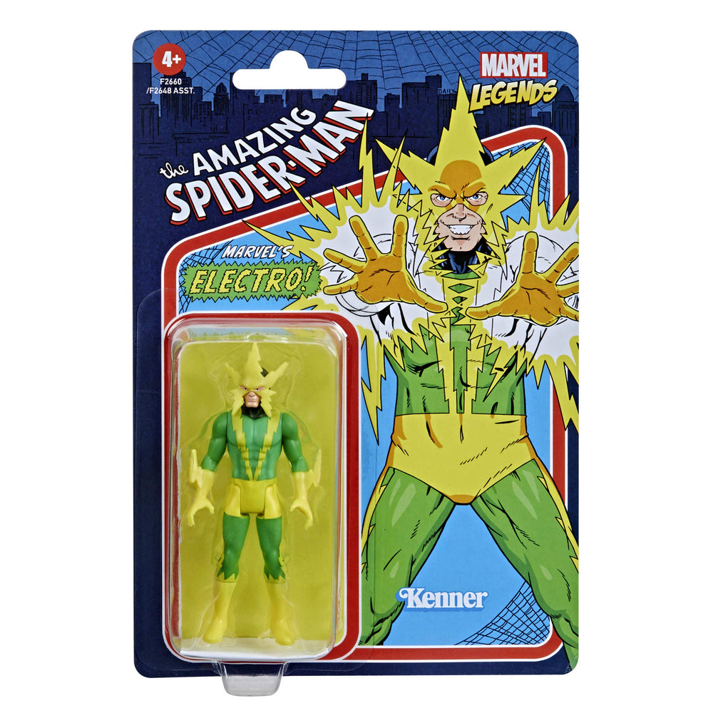 Marvel Legends Electro Retro 375 figure features detailed deco for collection.