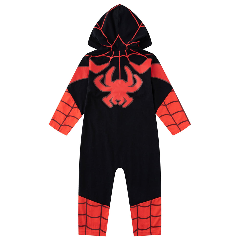 Marvel Miles Morales Spider-Man hooded coverall back view for 7, easy layering and movement.