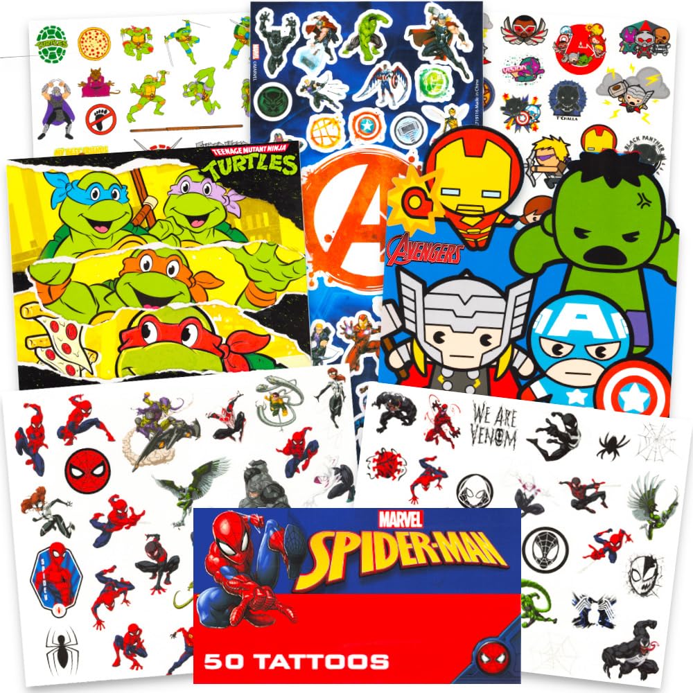 Marvel Avengers tattoos bundle with bold designs, perfect as party favors and character-themed activities.