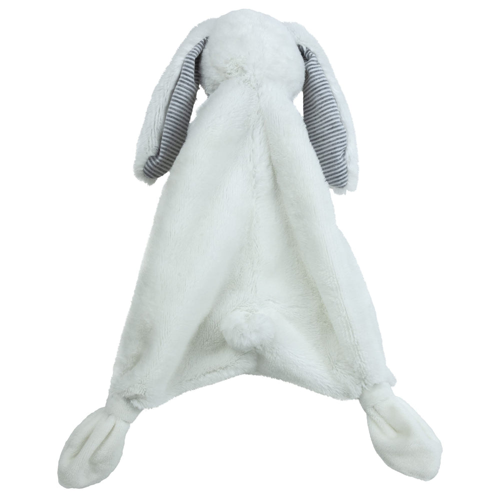 Mary Meyer Lovey Silky White Bunny head close-up showing embroidered eyes and soft fabric.