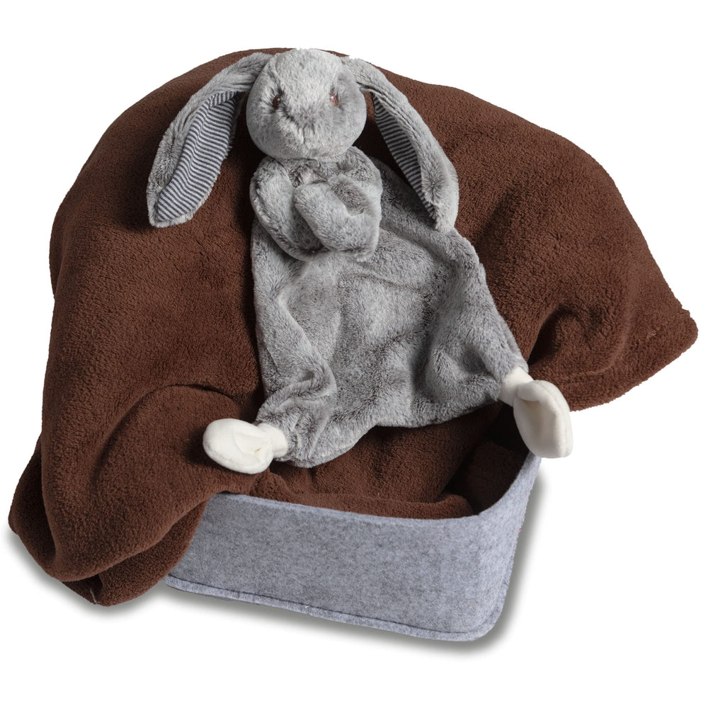 Mary Meyer Lovey Silky Bunny 13-inch plush with attached blanket supports soothing snuggles.