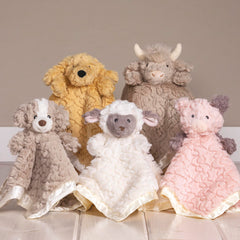 Mary Meyer Putty Nursery Hound Blanket satin underside delivers smooth warmth.