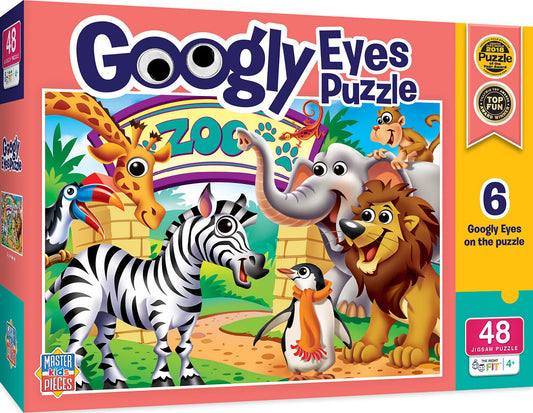 MasterPieces 48-piece zoo animals puzzle with googly eyes for kid-friendly play.