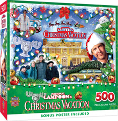 MasterPieces 500-piece puzzle box art showing a Christmas Vacation scene for cozy family evenings.